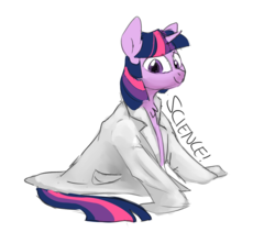 Size: 1834x1624 | Tagged: safe, artist:pucksterv, twilight sparkle, pony, unicorn, g4, clothes, female, lab coat, looking at you, mare, oversized clothes, science, simple background, sitting, solo, white background