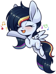 Size: 528x689 | Tagged: safe, artist:ak4neh, oc, oc only, oc:rainbow tune, pegasus, pony, chibi, eyes closed, music notes, rainbow hair, simple background, singing, solo, transparent background