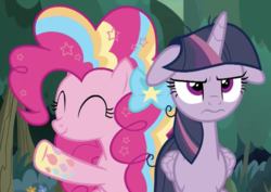 Size: 1830x1297 | Tagged: safe, screencap, mean twilight sparkle, pinkie pie, alicorn, earth pony, pony, g4, the mean 6, annoyed, bow, clone, cropped, eyes closed, floppy ears, hair bow, rainbow power, smiling