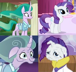 Size: 918x870 | Tagged: safe, screencap, mistmane, rarity, pony, unicorn, applejack's "day" off, campfire tales, g4, shadow play, clothes, comparison, cropped, curved horn, ethereal mane, female, horn, mare, prunity, pruny, vein