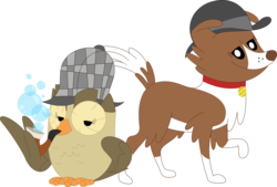 Size: 3579x2416 | Tagged: safe, artist:porygon2z, owlowiscious, winona, g4, bubble pipe, deerstalker, detective, hat, high res, pet, sherlock holmes, simple background, transparent background