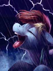 Size: 668x900 | Tagged: safe, artist:theshadowscale, artist:tsitra360, rainbow dash, pegasus, pony, g4, absurd file size, absurd gif size, animated, cinemagraph, eyes closed, female, gif, lightning, open mouth, rain, solo, speedpaint, tongue out, wet