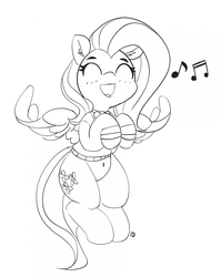 Size: 1280x1612 | Tagged: safe, artist:pabbley, fluttershy, pegasus, pony, g4, 30 minute art challenge, belly button, black and white, clothes, cute, eyes closed, female, grayscale, mare, monochrome, music notes, shyabetes, singing, sweater