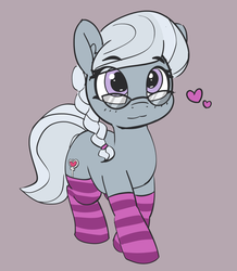 Size: 1308x1502 | Tagged: safe, artist:pabbley, silver spoon, earth pony, pony, g4, 30 minute art challenge, :3, blushing, clothes, cute, daaaaaaaaaaaw, female, filly, glasses, gray background, heart, kneesocks, silverbetes, simple background, socks, solo, striped socks