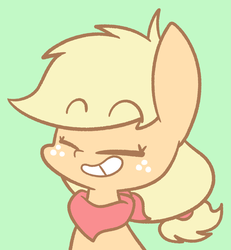 Size: 1280x1385 | Tagged: safe, artist:typhwosion, applejack, earth pony, pony, g4, bandana, cute, eyes closed, female, freckles, green background, grin, hatless, mare, missing accessory, simple background, smiling