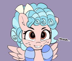 Size: 1162x991 | Tagged: safe, artist:pabbley, cozy glow, pegasus, pony, g4, marks for effort, clothes, cozybetes, cute, dialogue, female, filly, freckles, laughing, pure concentrated unfiltered evil of the utmost potency, pure unfiltered evil, simple background, smiling, socks, solo, striped socks