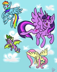 Size: 1200x1500 | Tagged: source needed, safe, artist:lilac pone, fluttershy, rainbow dash, spike, twilight sparkle, alicorn, dragon, pegasus, pony, g4, cloud, digital art, female, flying, male, mare, no pupils, twilight sparkle (alicorn), winged spike, wings