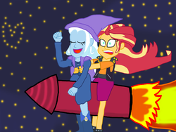 Size: 4032x3024 | Tagged: safe, artist:bigpurplemuppet99, sunset shimmer, trixie, equestria girls, g4, my little pony equestria girls: better together, fall formal outfits, female, lesbian, rocket, ship:suntrix, shipping