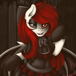 Size: 2000x2000 | Tagged: safe, artist:ciderpunk, oc, oc only, oc:ribbon(vampire), bat pony, pony, vampire, bat pony oc, clothes, cute, dress, eyeshadow, gloves, goth, heterochromia, high res, looking at you, makeup, outfit, solo, victorian