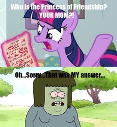 Size: 632x684 | Tagged: safe, edit, edited screencap, screencap, twilight sparkle, alicorn, pony, g4, marks for effort, angry, male, muscle man, paper, regular show, twilight sparkle (alicorn), your mom