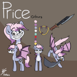 Size: 5333x5333 | Tagged: safe, artist:hotkoin, oc, oc:price, dracony, half-dragon, pony, comic:purple flame mercenary, absurd resolution, comic, female, grin, mare, mercenary, mouth hold, reference sheet, smiling, sword, weapon