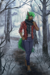 Size: 900x1350 | Tagged: safe, artist:margony, oc, oc only, oc:jaeger sylva, earth pony, anthro, unguligrade anthro, anthro oc, clothes, commission, digital art, forest, glasses, green hair, green mane, green tail, male, scarf, signature, solo, stallion, walking, winter