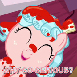 Size: 690x690 | Tagged: safe, edit, edited screencap, screencap, cozy glow, pony, g4, marks for effort, cozybetes, cropped, cute, eyes closed, female, filly, image macro, implied blood, meme, smiling, solo, text, the joker