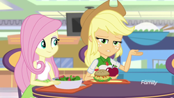 Size: 1280x720 | Tagged: safe, screencap, applejack, fluttershy, equestria girls, equestria girls specials, g4, my little pony equestria girls: mirror magic, burger, female, food, hamburger, salad