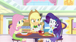 Size: 1280x720 | Tagged: safe, screencap, applejack, fluttershy, rarity, equestria girls, equestria girls specials, g4, my little pony equestria girls: mirror magic, burger, female, food, hamburger