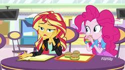 Size: 1280x720 | Tagged: safe, screencap, pinkie pie, sunset shimmer, equestria girls, equestria girls specials, g4, mirror magic, book, bracelet, burger, chair, food, geode of empathy, geode of sugar bombs, hamburger, jewelry, journal, looking at each other, magical geodes, raised eyebrows, smiling, storefront, table, television, that human sure does love burgers, tray