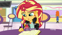 Size: 1280x720 | Tagged: safe, screencap, sunset shimmer, equestria girls, equestria girls specials, g4, mirror magic, background human, book, bracelet, canterlot mall, chair, credits, dave polsky, discovery family logo, geode of empathy, jewelry, journal, magical geodes, rachel vine, raised eyebrow, smiling, storefront, table, television, tray