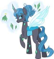 Size: 2202x2404 | Tagged: dead source, safe, artist:toods, oc, oc only, oc:queen polistae, changeling, changeling queen, blue changeling, changeling queen oc, crystal, female, hair bun, high res, raised hoof, simple background, solo, transparent background