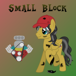 Size: 1080x1080 | Tagged: safe, artist:tacobender, oc, oc only, oc:small block, pegasus, pony, black hair, blue eyes, commission, cutie mark, engine, hat, male, mechanic, oil, small block chevy, solo, stallion, supercharger, v8, vector, wavy hair