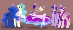 Size: 7292x3056 | Tagged: safe, artist:ggchristian, princess cadance, princess celestia, princess luna, starlight glimmer, twilight sparkle, pony, g4, alicorn tetrarchy, fan, food, grapes, magic, pillow, twilight sparkle (alicorn)