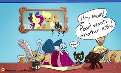 Size: 1200x720 | Tagged: safe, artist:pusspuss, oc, oc:pink pearl, oc:strike zone, cat, pegasus, pony, comic:pearl's daydream, book, bow, comic, dialogue, facedesk, female, incest, ink, male, mare, parchment, picture frame, quill, stallion
