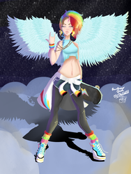 Size: 1024x1365 | Tagged: safe, artist:malukah-maker, rainbow dash, human, equestria girls, g4, my little pony equestria girls: rainbow rocks, belly, belly button, clothes, cloud, converse, female, humanized, leggings, midriff, night, shoes, shorts, skateboard, sneakers, solo, spread wings, top, wings