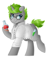 Size: 1024x1285 | Tagged: safe, artist:sk-ree, oc, oc only, oc:test-tube, pony, unicorn, clothes, flask, glasses, lab coat, male, simple background, solo, stallion, transparent background