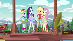 Size: 1280x720 | Tagged: safe, screencap, applejack, fluttershy, rainbow dash, rarity, equestria girls, g4, my little pony equestria girls: legend of everfree, bare shoulders, camp fashion show outfit, clothes, cowboy hat, female, flower, flower in hair, hat, sleeveless