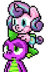 Size: 723x975 | Tagged: safe, artist:sonicboy112, princess flurry heart, spike, alicorn, dragon, pony, game:spike's time off, g4, duo, pixel art, ponies riding dragons, pony hat, riding, simple background, white background