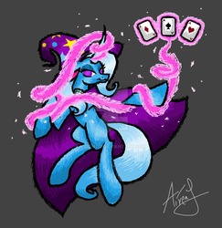 Size: 1024x1052 | Tagged: safe, artist:vidzmod, trixie, pony, unicorn, g4, cape, card, clothes, female, hat, magic, mare, solo, trixie's cape, trixie's hat