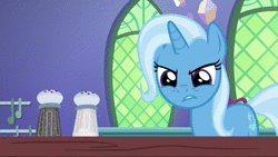 Size: 1280x720 | Tagged: safe, screencap, trixie, pony, unicorn, all bottled up, g4, angry, animated, close-up, cup, female, food, frustrated, glare, kitchen, magic, mare, pepper, pepper shaker, rage, salt, salt shaker, solo, sound, table, teacup, that pony sure does love teacups, twilight's castle, webm, window