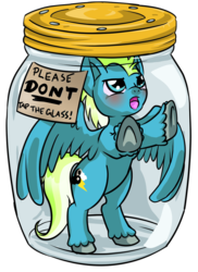 Size: 930x1274 | Tagged: safe, artist:dawnallies, part of a set, oc, oc only, pegasus, pony, blue, blushing, cheeks, cutie mark, don't tap the pony in the jar, falling, fluffy, glass, green, grumpy, hooves, jar, lid, lightning, male, part of a series, plastic, pony in a bottle, simple background, solo, stuck, transparent background, trapped, upset, white, yell, yelling, yin-yang