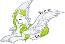 Size: 331x227 | Tagged: safe, artist:kikilime, surprise, pony, g1, eyes closed, female, prone, simple background, solo, transparent background