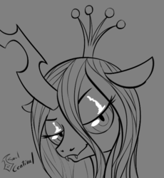 Size: 523x569 | Tagged: safe, artist:soulcentinel, queen chrysalis, changeling, changeling queen, g4, bedroom eyes, bust, crown, explicit source, female, grayscale, jewelry, looking at you, monochrome, regalia, solo