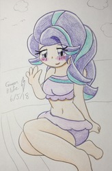 Size: 1536x2344 | Tagged: safe, artist:gmangamer25, starlight glimmer, human, g4, belly button, bikini, blushing, clothes, female, humanized, midriff, smiling, solo, swimsuit, traditional art