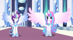 Size: 1454x810 | Tagged: safe, artist:sugaryicecreammlp, princess flurry heart, oc, oc:lovely heart, alicorn, pony, g4, duo, duo female, female, frown, mare, offspring, older, older flurry heart, parent:princess cadance, parent:shining armor, parents:shiningcadance, sisters, slender, smiling, spread wings, thin, wings