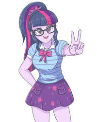 Size: 2598x3248 | Tagged: safe, artist:sumin6301, sci-twi, twilight sparkle, equestria girls, g4, my little pony equestria girls: better together, bowtie, breasts, clothes, cute, female, glasses, hand on butt, high res, looking at you, open mouth, peace sign, ponytail, sci-twi skirt, simple background, skirt, smiling, solo, twiabetes, white background