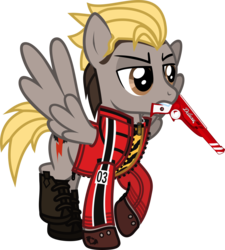 Size: 854x950 | Tagged: safe, artist:lightningbolt, derpibooru exclusive, pegasus, pony, g4, .svg available, angry, boots, clandestine industries, clothes, danger days: the true lives of the fabulous killjoys, gloves, gun, jacket, jewelry, kobra kid, male, mikey way, mouth hold, my chemical romance, necklace, ponified, raised hoof, raised leg, ray gun, shirt, shoes, show accurate, simple background, solo, spread wings, stallion, standing, svg, transparent background, undershirt, vector, weapon, wings, zipper