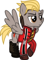 Size: 700x950 | Tagged: safe, artist:lightningbolt, derpibooru exclusive, pegasus, pony, g4, .svg available, angry, boots, clandestine industries, clothes, danger days: the true lives of the fabulous killjoys, gloves, jacket, jewelry, kobra kid, male, mikey way, my chemical romance, necklace, ponified, raised hoof, raised leg, shirt, shoes, show accurate, simple background, solo, spread wings, stallion, standing, svg, transparent background, undershirt, vector, wings, zipper