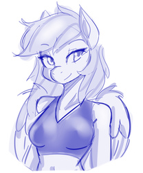Size: 750x900 | Tagged: safe, artist:jovalic, rainbow dash, anthro, unguligrade anthro, g4, breasts, clothes, cute, dashabetes, female, monochrome, sketch, smiling, solo, sports bra, wings