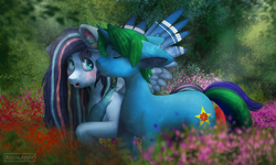 Size: 2935x1760 | Tagged: safe, artist:krisss apple, oc, oc only, oc:arcane gear, oc:neon winds, pegasus, pony, unicorn, blushing, cheek kiss, chest fluff, colored wings, ear fluff, gradient wings, heart eyes, kissing, lightly watermarked, neongear, oc x oc, shipping, watermark, wingding eyes, ych result