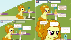 Size: 2564x1444 | Tagged: safe, artist:hakunohamikage, adagio dazzle, earth pony, pony, ask-princesssparkle, g4, ask, comic, earth pony adagio dazzle, equestria girls ponified, female, food, pie, ponified, sitting, solo, tumblr