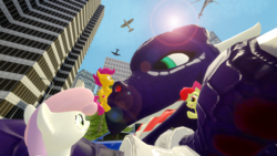 Size: 1920x1080 | Tagged: safe, artist:johnnyxluna, apple bloom, scootaloo, sweetie belle, dragon, earth pony, human, pegasus, pony, unicorn, g4, 3d, car, city, cutie mark crusaders, cynder, half-life, helicopter, horn, lens flare, looking at you, macro, plane, smiling, source filmmaker, spyro the dragon (series), subaru impreza, sunshine, waving