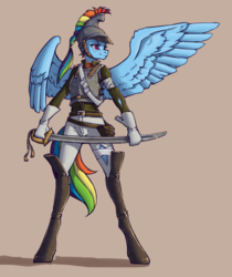 Size: 1018x1211 | Tagged: safe, artist:madhotaru, rainbow dash, anthro, unguligrade anthro, g4, armor, boots, chestplate, clothes, female, gloves, pants, saber, shoes, simple background, solo, spread wings, tan background, uniform, weapon, wings