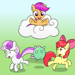 Size: 2000x2000 | Tagged: safe, artist:sazanamibd, apple bloom, scootaloo, sweetie belle, earth pony, lakitu, pegasus, pony, unicorn, g4, abuse, applebuse, bully, bullying, cutie mark crusaders, female, filly, high res, mare, sweetiebuse