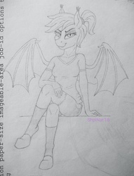 Size: 3113x4077 | Tagged: safe, artist:shpinat9, oc, oc only, bat pony, anthro, bat pony oc, monochrome, sitting, smiling, solo, traditional art, wings, wip