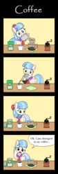 Size: 800x2376 | Tagged: safe, artist:sazanamibd, coco pommel, earth pony, pony, g4, 4koma, coffee, coffee grinder, coffee pot, comic, cup, detergent, fail, female, filter, kettle, mare, mouth hold, solo