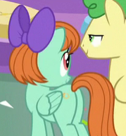 Size: 179x193 | Tagged: safe, screencap, huckleberry, peppermint goldylinks, pegasus, pony, marks for effort, background pony, bow, butt, cropped, cute, female, friendship student, hair bow, lidded eyes, male, mare, peppermint adoralinks, picture for breezies, plot, solo focus, stallion