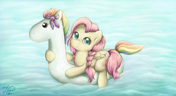 Size: 1024x557 | Tagged: safe, artist:kotyasha13, fluttershy, pegasus, pony, g4, cute, female, filly, inflatable, inflatable toy, looking at you, pool toy, riding, shyabetes, solo, swimming, water