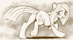 Size: 1920x1075 | Tagged: safe, artist:pencils, marble pie, earth pony, pony, g4, butt, female, frown, looking back, mare, monochrome, plot, solo